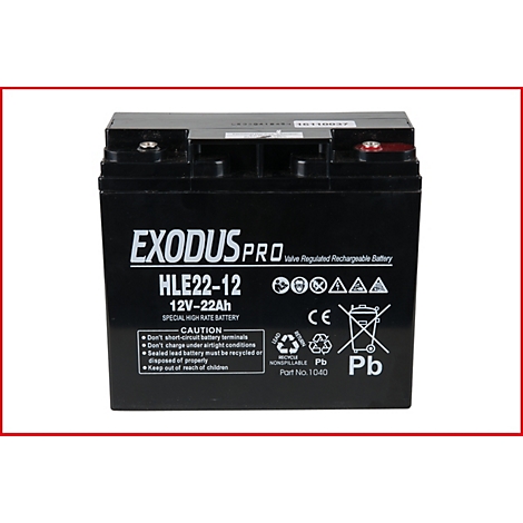 Schwarze EXODUS PRO Batterie. Aufschrift HLE22-12, 12V-22Ah. Warnhinweise und Recycling-Symbol. Roter und schwarzer Deckel.